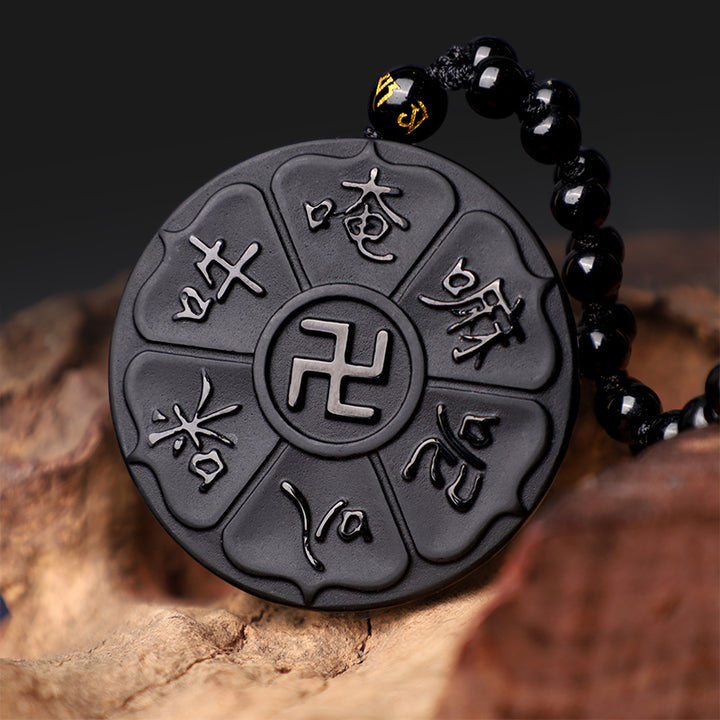 Buddha Stones Natural Black Obsidian Tibetan Om Mani Padme Hum Buddha Swastika Luck Necklace Pendant - image 1