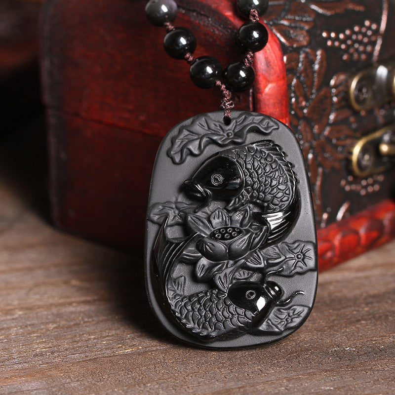 Buddha Stones Natural Black Obsidian Koi Fish Lotus Strength Beaded Necklace Pendant - image 2