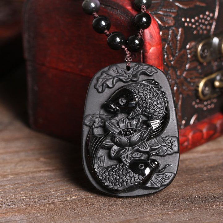 Buddha Stones Natural Black Obsidian Koi Fish Lotus Strength Beaded Necklace Pendant - image 2