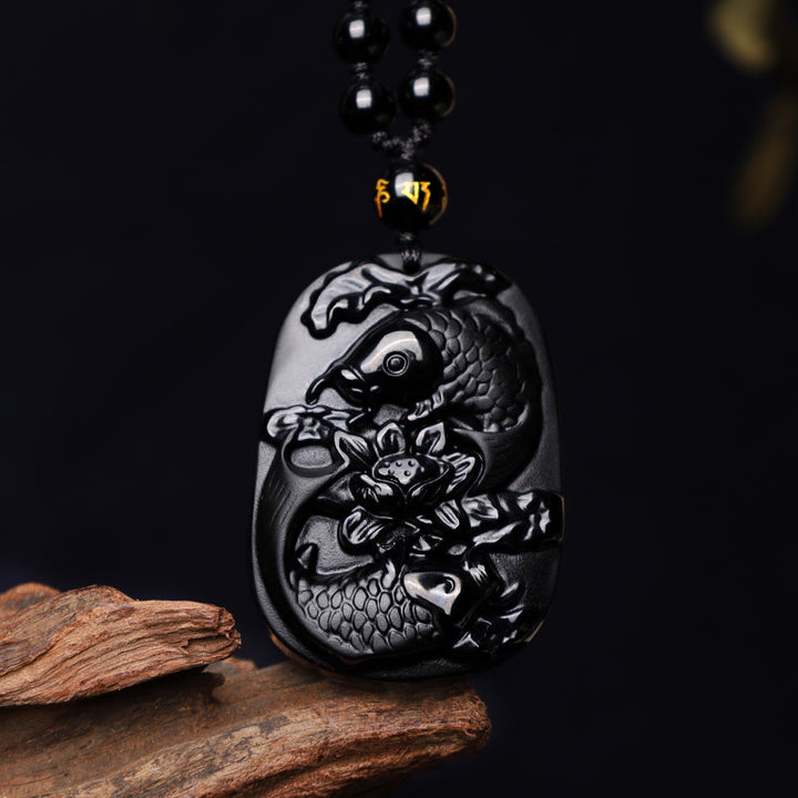 Buddha Stones Natural Black Obsidian Koi Fish Lotus Strength Beaded Necklace Pendant - Koi Fish(Luck♥Prosperity) - image 0