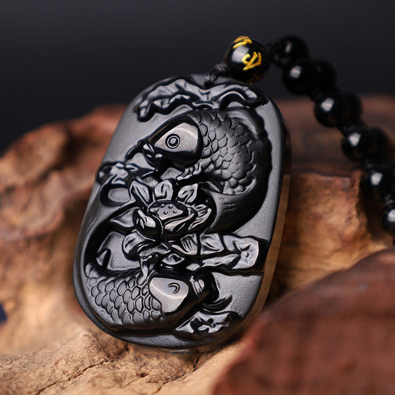 Buddha Stones Natural Black Obsidian Koi Fish Lotus Strength Beaded Necklace Pendant - image 4