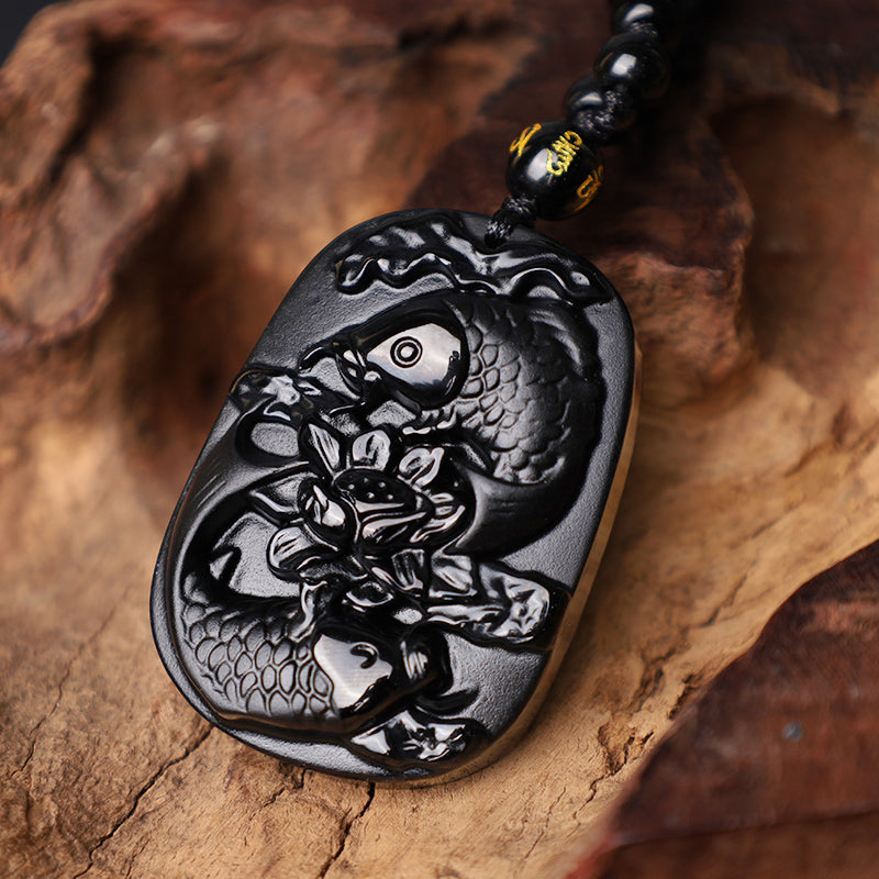 Buddha Stones Natural Black Obsidian Koi Fish Lotus Strength Beaded Necklace Pendant - image 5