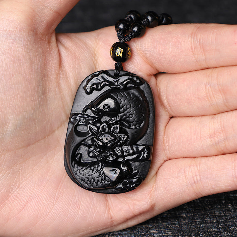 Buddha Stones Natural Black Obsidian Koi Fish Lotus Strength Beaded Necklace Pendant - image 7