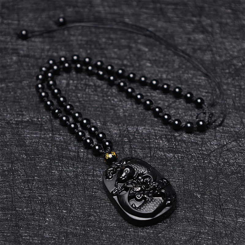 Buddha Stones Natural Black Obsidian Koi Fish Lotus Strength Beaded Necklace Pendant - image 6