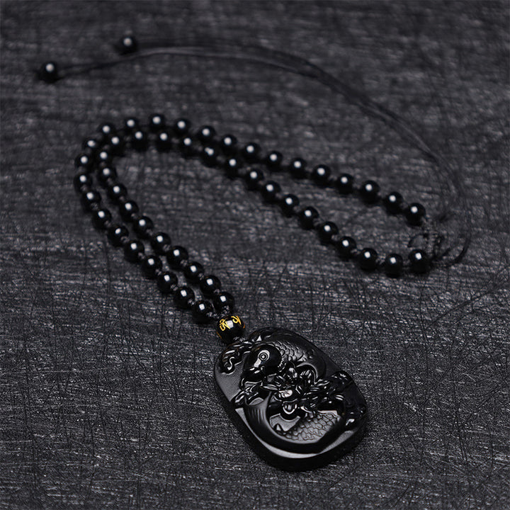 Buddha Stones Natural Black Obsidian Koi Fish Lotus Strength Beaded Necklace Pendant - image 6