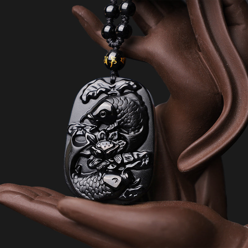 Buddha Stones Natural Black Obsidian Koi Fish Lotus Strength Beaded Necklace Pendant - image 3