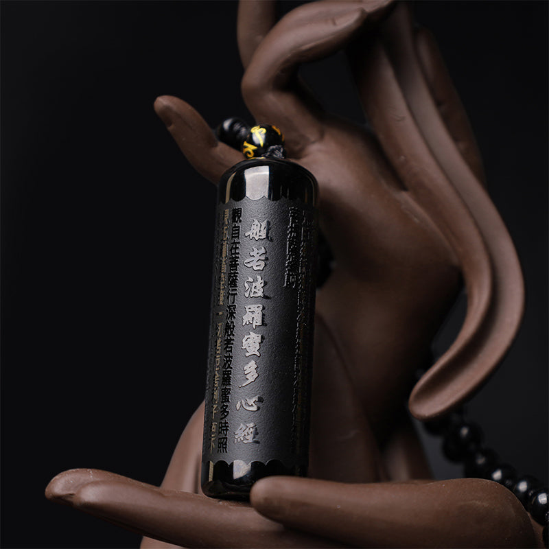 Buddha Stones Natural Black Obsidian Heart Sutra Purification Necklace Pendant - image 5