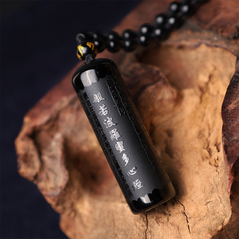 Buddha Stones Natural Black Obsidian Heart Sutra Purification Necklace Pendant - image 4