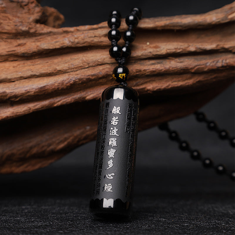 Buddha Stones Natural Black Obsidian Heart Sutra Purification Necklace Pendant - image 1