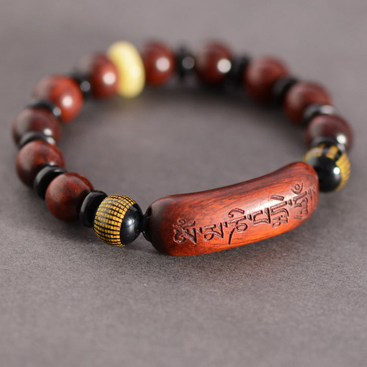 Buddha Stones Small Leaf Red Sandalwood Om Mani Padme Hum Engraved Protection Bracelet - 18-19cm - image 0