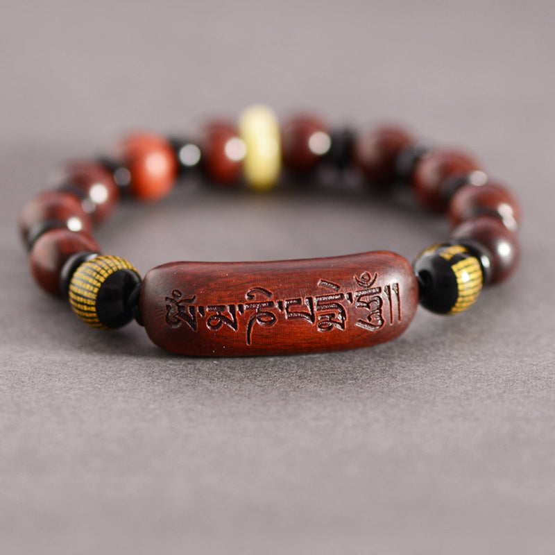 Buddha Stones Small Leaf Red Sandalwood Om Mani Padme Hum Engraved Protection Bracelet - image 1