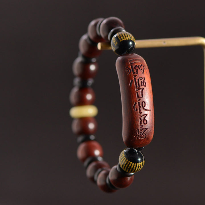 Buddha Stones Small Leaf Red Sandalwood Om Mani Padme Hum Engraved Protection Bracelet - image 2
