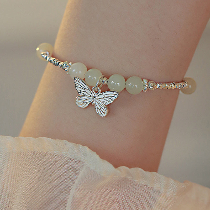 Buddha Stones 925 Sterling Silver Natural Hetian Jade Luck Butterfly Charm Bracelet - image 5