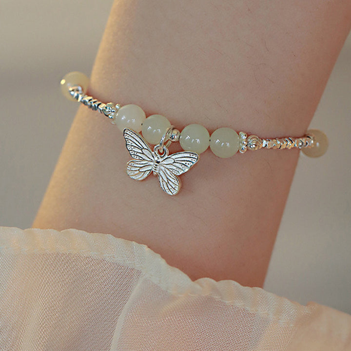 Buddha Stones 925 Sterling Silver Natural Hetian Jade Luck Butterfly Charm Bracelet - image 5