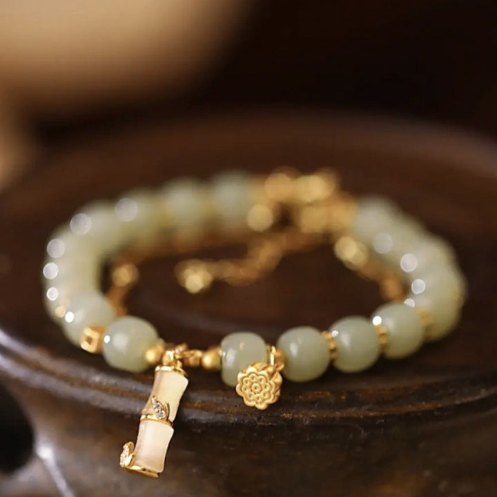 Buddha Stones Natural Hetian Jade Prosperity Lotus Bamboo Charm Bracelet - image 4