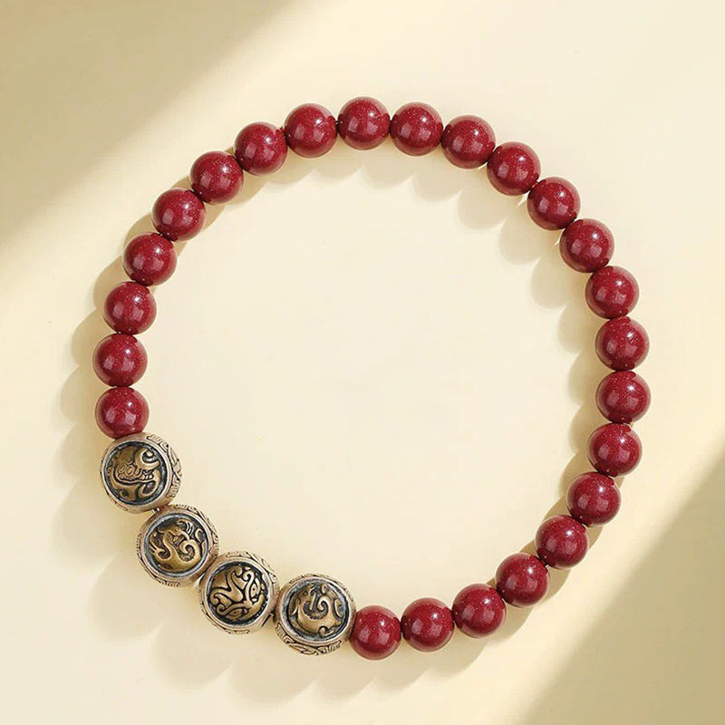 Buddha Stones 925 Sterling Silver Natural Cinnabar Four Beasts Blessing Bracelet - 6mm - Four Beasts(Wrist Circumference 14-16cm) - image 4