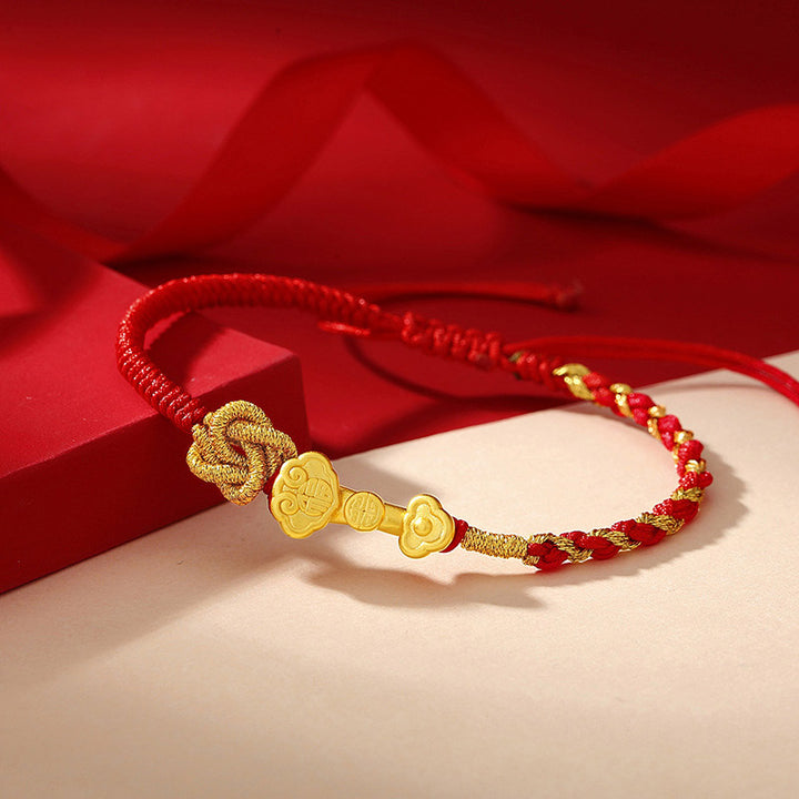 Buddha Stones 999 Sterling Silver Ruyi Handle Fu Character Fortune Luck Rope Bracelet - image 1