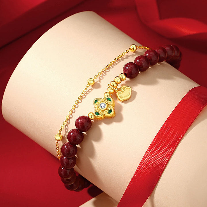 Buddha Stones 925 Sterling Silver Natural Cinnabar Four Leaf Clover Flower Blessing Chain Bracelet - image 1
