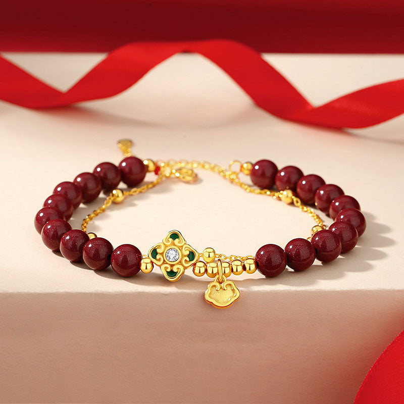 Buddha Stones 925 Sterling Silver Natural Cinnabar Four Leaf Clover Flower Blessing Chain Bracelet - 14-15cm - image 0