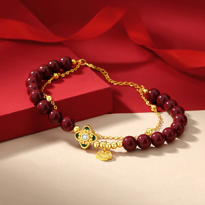 Buddha Stones 925 Sterling Silver Natural Cinnabar Four Leaf Clover Flower Blessing Chain Bracelet - image 2