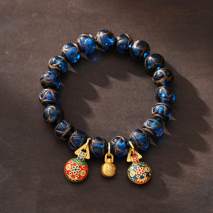 Buddha Stones Gold Swallowing Beast Luck Charm Blue Liuli Glass Bead Fortune Bracelet - 10mm(Wrist Circumference 14-16cm) - image 0