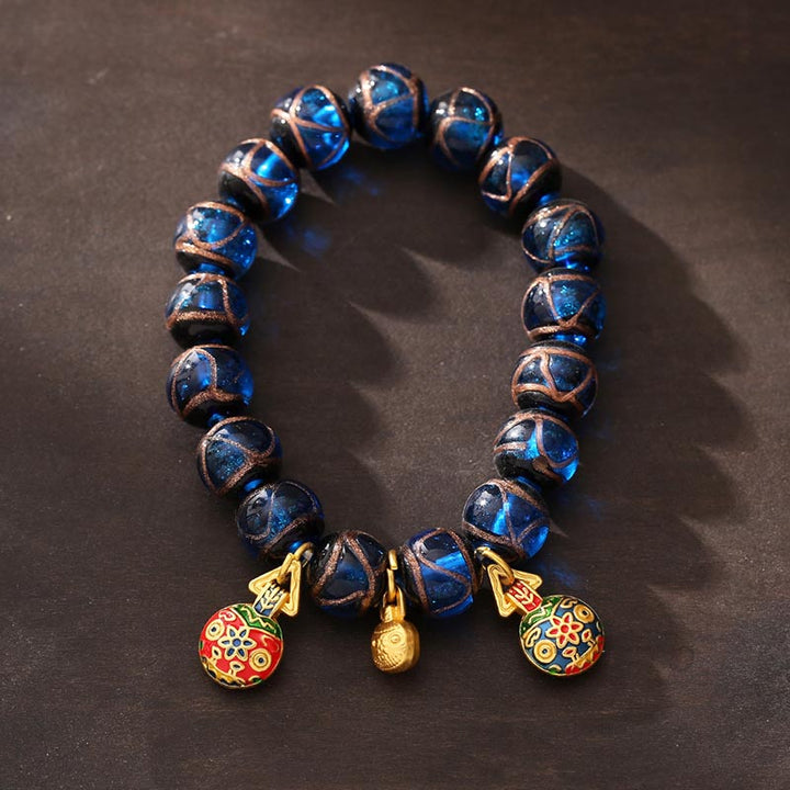 Buddha Stones Gold Swallowing Beast Luck Charm Blue Liuli Glass Bead Fortune Bracelet - 12mm(Wrist Circumference 14-16cm) - image 3