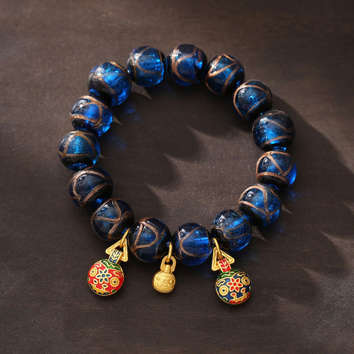 Buddha Stones Gold Swallowing Beast Luck Charm Blue Liuli Glass Bead Fortune Bracelet - 14mm(Wrist Circumference 14-16cm) - image 4