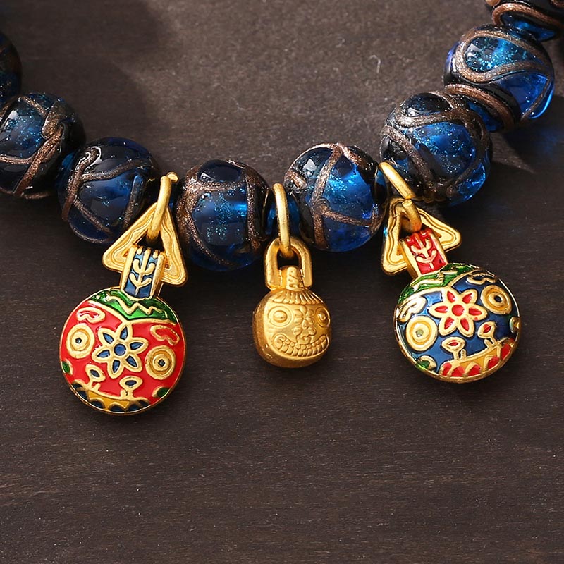 Buddha Stones Gold Swallowing Beast Luck Charm Blue Liuli Glass Bead Fortune Bracelet - image 1