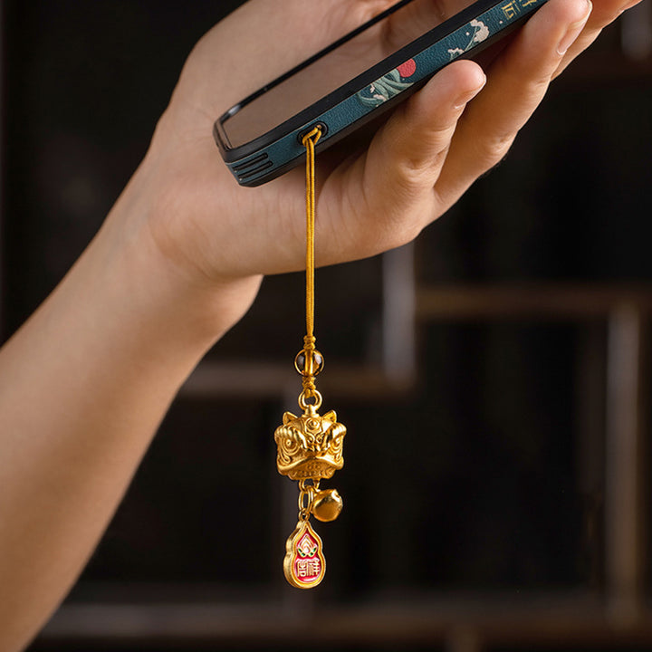 Buddha Stones Dancing Lion Auspicious Ruyi Safe Peace Rich Copper Wealth Phone Hanging Decoration - Dancing Lion Letter Auspicious - image 0