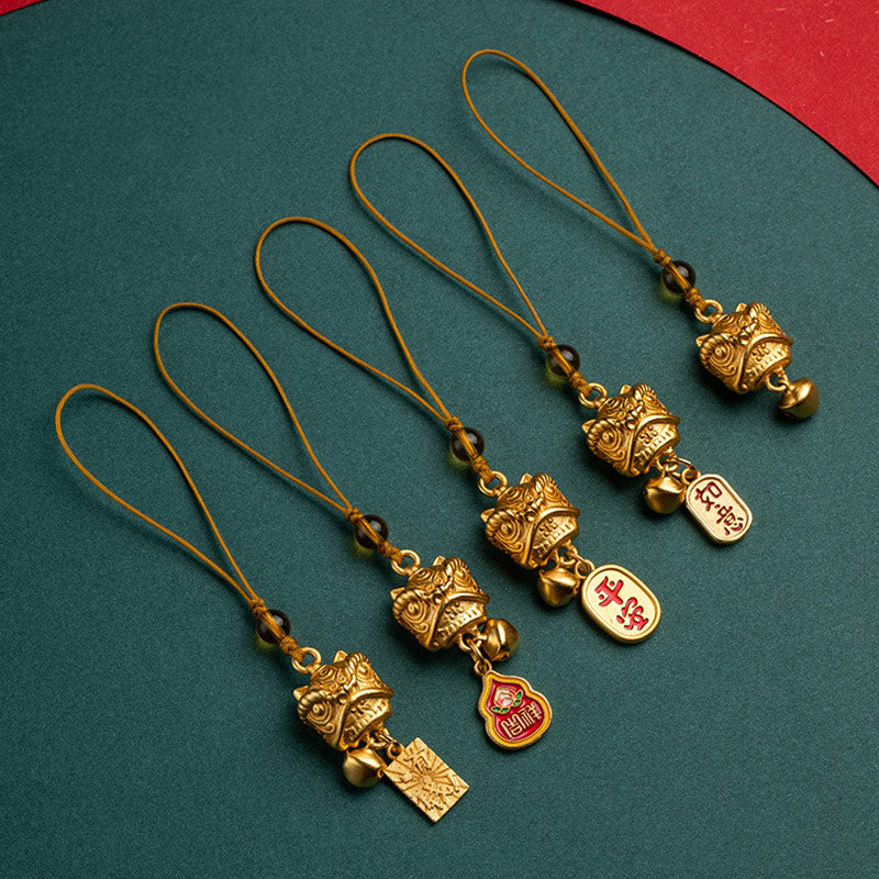 Buddha Stones Dancing Lion Auspicious Ruyi Safe Peace Rich Copper Wealth Phone Hanging Decoration - image 1