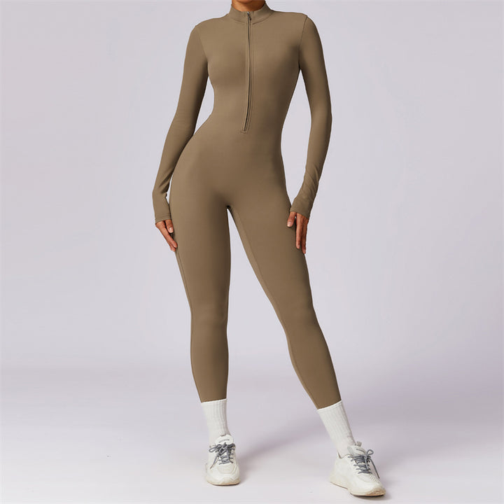 Buddha Stones Women Zipper Long Sleeve Shapewear Jumpsuit Sports Fitness Yoga Bodysuit - Brown - US8-10，UK/AU12-14，EU40-42 (XL) - image 36