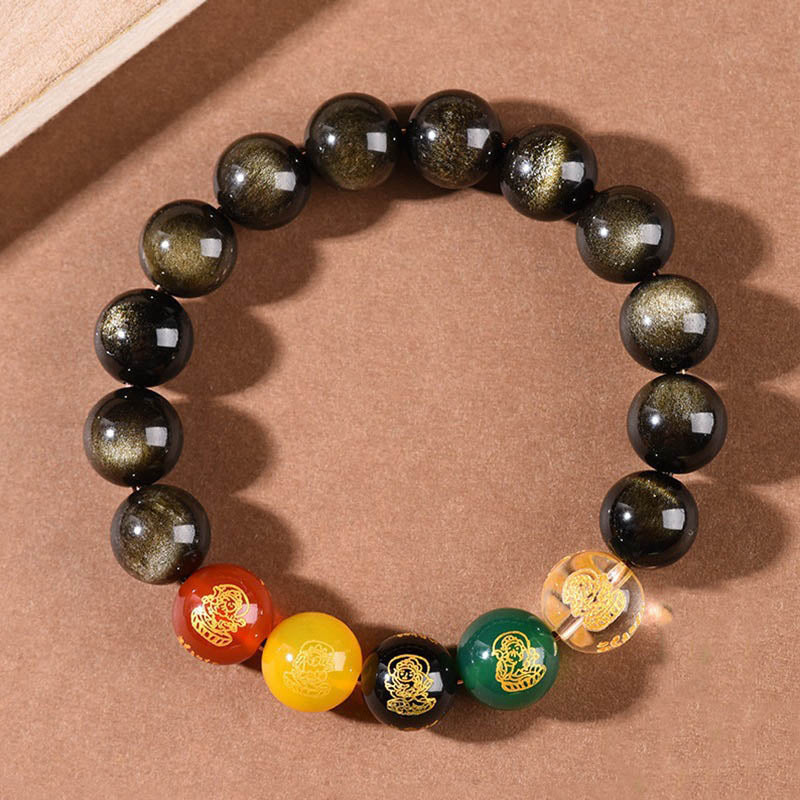 Buddha Stones Gold Sheen Obsidian Rainbow Obsidian Black Obsidian Five Directions Gods of Wealth Bracelet - Gold Sheen Obsidian - 12mm(Wrist Circumference 14-16.5cm) - image 0
