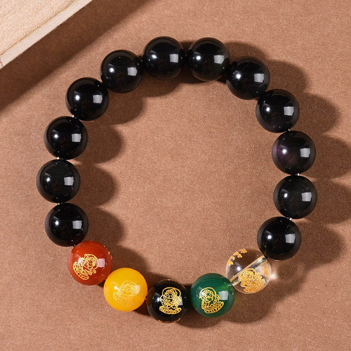 Buddha Stones Gold Sheen Obsidian Rainbow Obsidian Black Obsidian Five Directions Gods of Wealth Bracelet - Rainbow Obsidian - 12mm(Wrist Circumference 14-16.5cm) - image 7