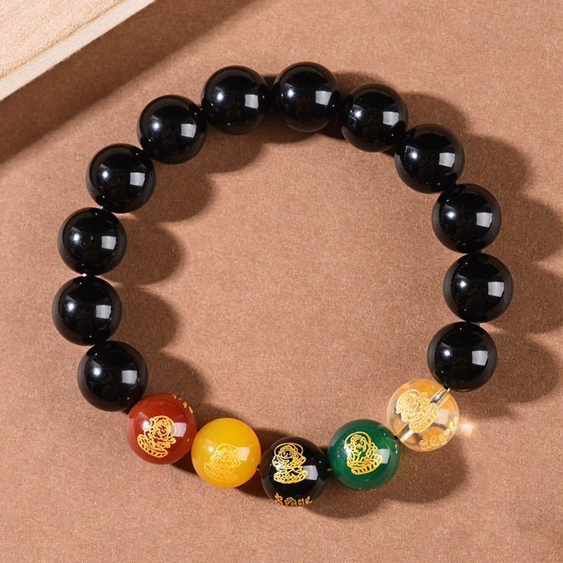 Buddha Stones Gold Sheen Obsidian Rainbow Obsidian Black Obsidian Five Directions Gods of Wealth Bracelet - Black Obsidian - 12mm(Wrist Circumference 14-16.5cm) - image 10