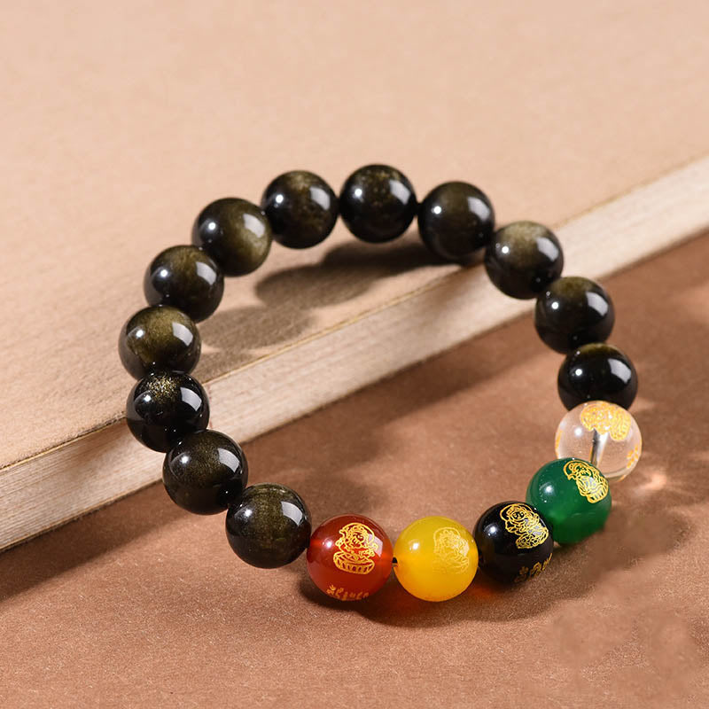 Buddha Stones Gold Sheen Obsidian Rainbow Obsidian Black Obsidian Five Directions Gods of Wealth Bracelet - image 4