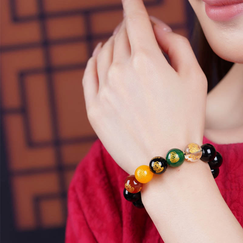 Buddha Stones Gold Sheen Obsidian Rainbow Obsidian Black Obsidian Five Directions Gods of Wealth Bracelet - image 12