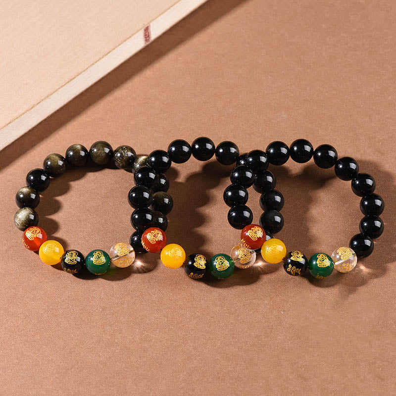 Buddha Stones Gold Sheen Obsidian Rainbow Obsidian Black Obsidian Five Directions Gods of Wealth Bracelet - image 1