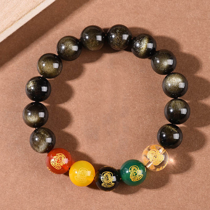 Buddha Stones Gold Sheen Obsidian Rainbow Obsidian Black Obsidian Five Directions Gods of Wealth Bracelet - image 3