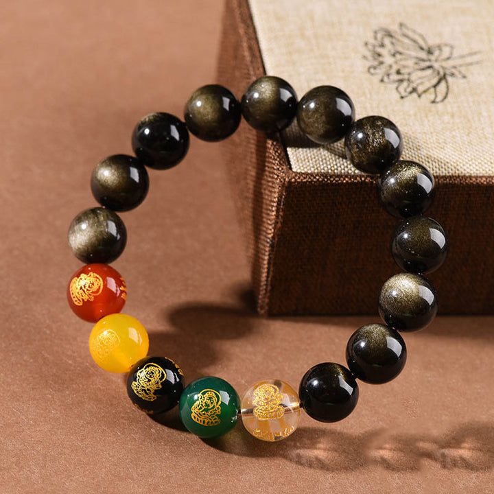 Buddha Stones Gold Sheen Obsidian Rainbow Obsidian Black Obsidian Five Directions Gods of Wealth Bracelet - image 2