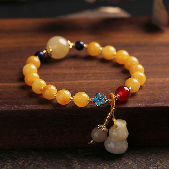 Buddha Stones Natural Golden Silk Jade Gourd Charm Wealth Luck Bracelet - Golden Silk Jade(Wrist Circumference 14-16cm) - image 0