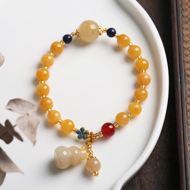 Buddha Stones Natural Golden Silk Jade Gourd Charm Wealth Luck Bracelet - image 1