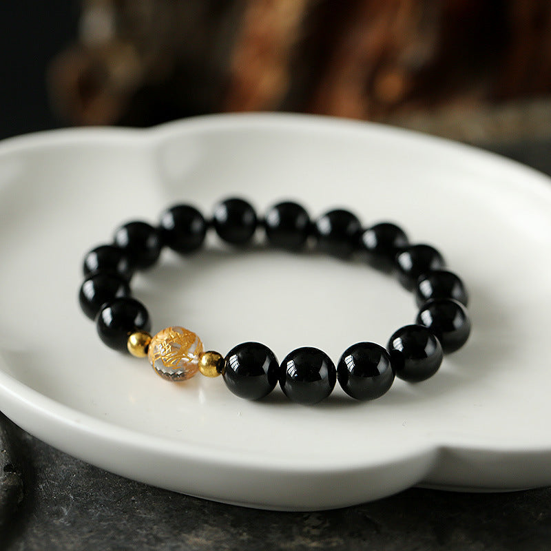 Buddha Stones Natural Black Obsidian White Crystal Black Onyx Dragon Strength Bracelet - Black Onyx(Wrist Circumference 14-16cm) - image 3