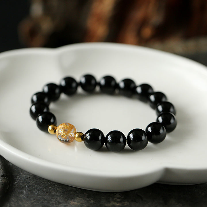 Buddha Stones Natural Black Obsidian White Crystal Black Onyx Dragon Strength Bracelet - Black Onyx(Wrist Circumference 14-16cm) - image 3