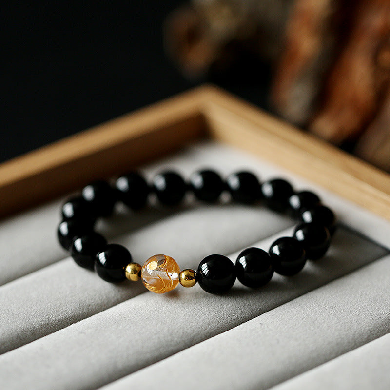 Buddha Stones Natural Black Obsidian White Crystal Black Onyx Dragon Strength Bracelet - image 1