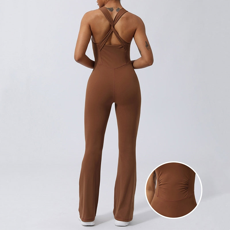 Buddha Stones Women Workout Crisscross Sleeveless Flare Jumpsuit Sports Fitness Yoga Bodysuit - Brown - US8-10，UK/AU12-14，EU40-42 (XL) - image 0