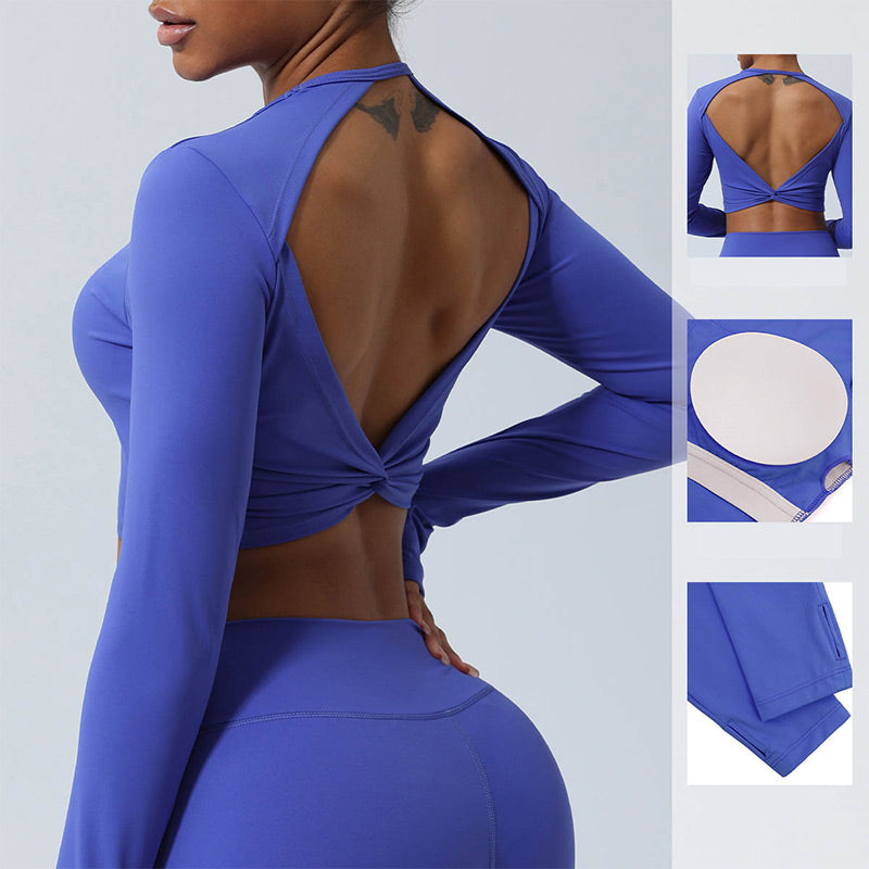 Buddha Stones Women Workout Long Sleeve Crisscross Backless Top Tee Leggings Sports Fitness Yoga Outfit - image 1