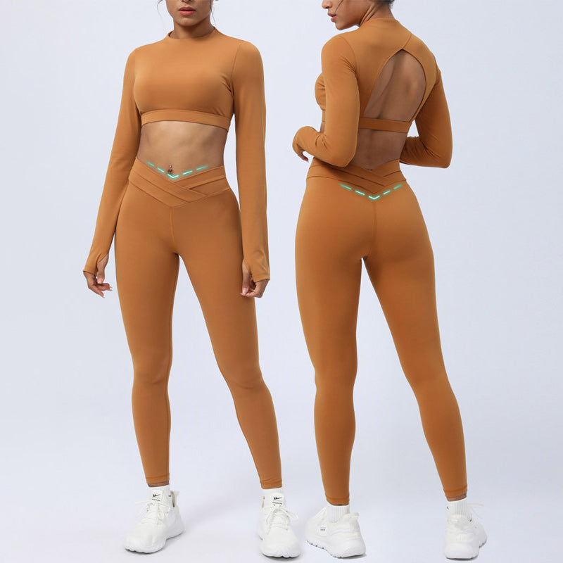 Buddha Stones 2Pcs Long Sleeve Backless Top Bra Leggings Pants Fitness Yoga Outfit Set - Brown - US4，UK/AU8，EU36 (XL) - image 0