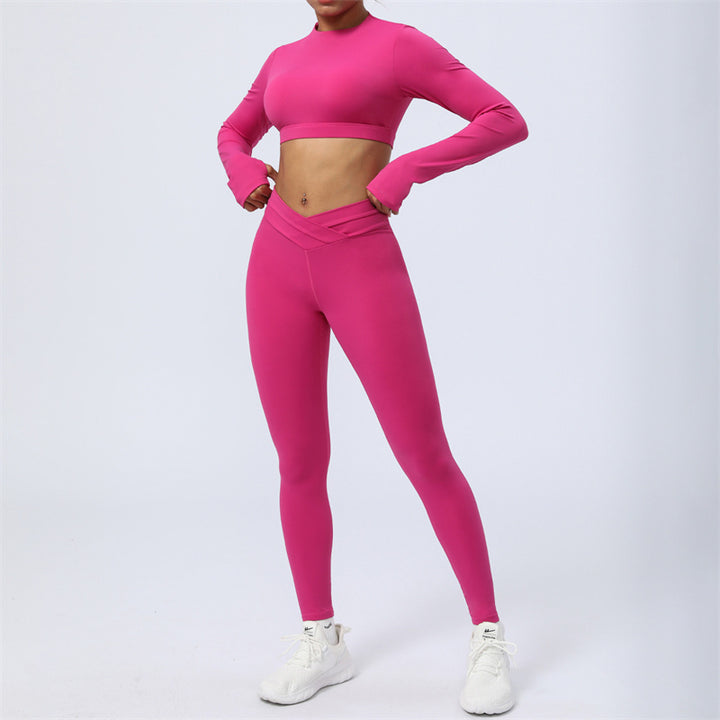 Buddha Stones 2Pcs Long Sleeve Backless Top Bra Leggings Pants Fitness Yoga Outfit Set - Rose Red - US4，UK/AU8，EU36 (XL) - image 16