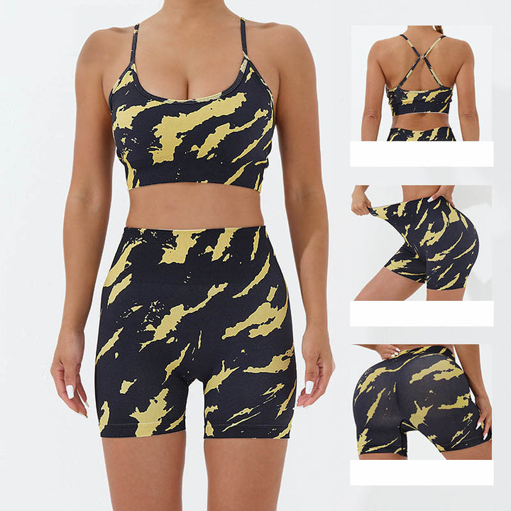 Buddha Stones 2Pcs Camo Print Backless Criss-Cross Strap Top Bra Shorts Leggings Pants Fitness Yoga Outfit Set - image 1