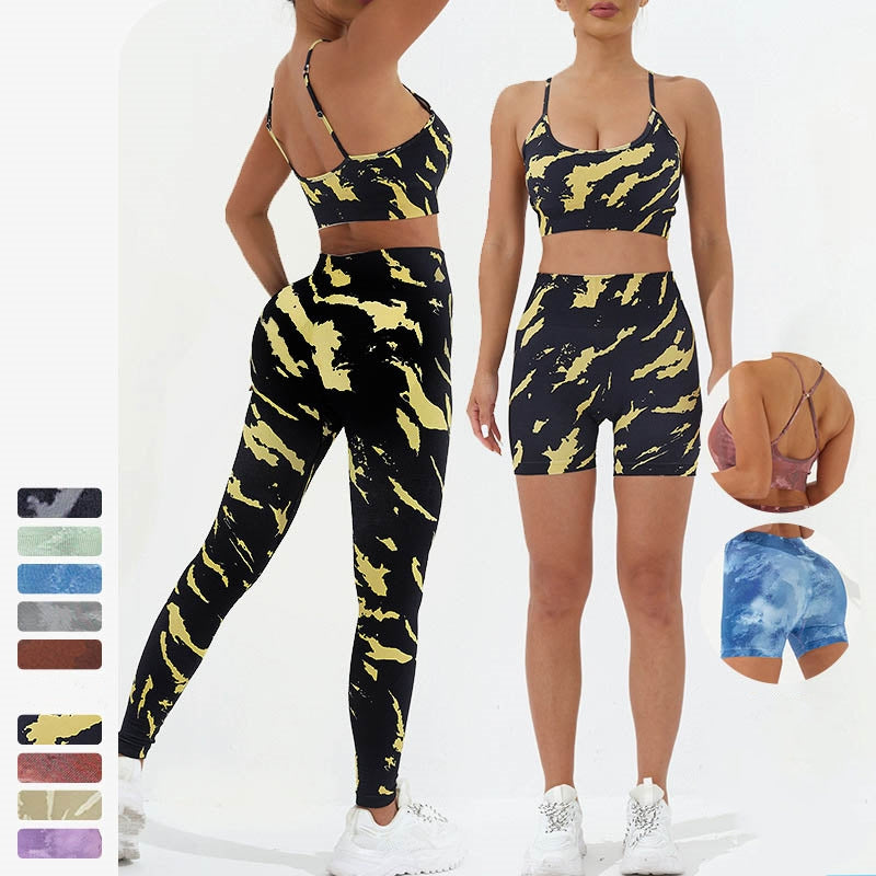Buddha Stones 2Pcs Camo Print Backless Criss-Cross Strap Top Bra Shorts Leggings Pants Fitness Yoga Outfit Set - image 4